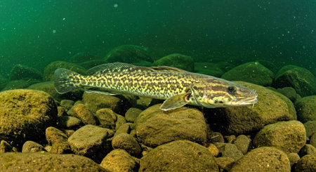 Pike in the river on a background of green water and rocksの写真素材