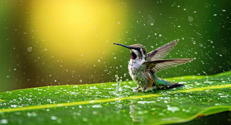 Female Ruby-throated Hummingbird (archilochus colubris) in flight with rain drops in the backgroundの写真素材