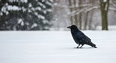 Black crow on the snow in winter forest. Wild bird in nature.
