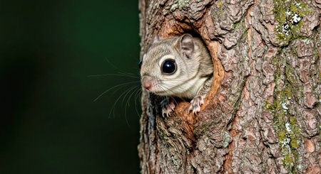 Close up of a sugar glider looking out of a tree hole
