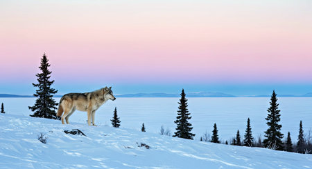A wolf on top of a mountain in the winter at sunset.