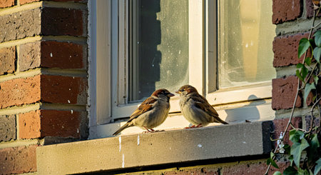 Two sparrows sitting on the windowsill of an old houseの写真素材