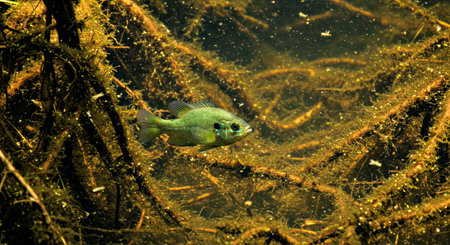Aquarium fish swimming in the water. Underwater world.の写真素材