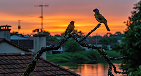 Two birds perched on a tree branch with sunset in the background.