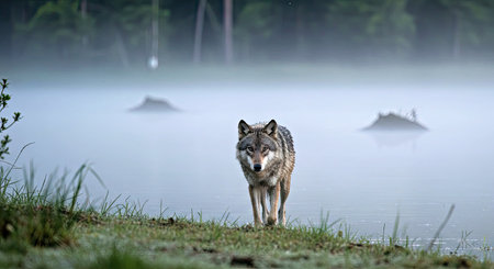 Lone wolf standing on the edge of a lake in the mist