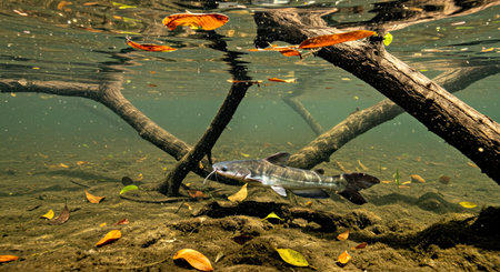 Pike fish in the pond with fallen leaves in autumnの写真素材