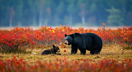 Black bear (Ursus arctos) with a cub in the autumn forest