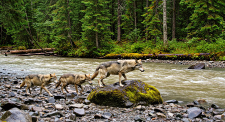 Three wolves running on the bank of the mountain river in summer.