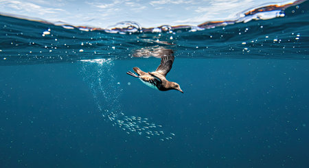 Rear view of a seabird swimming in the ocean.