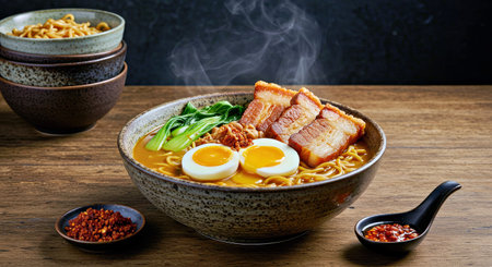 japanese ramen noodles with pork and egg on wooden background
