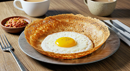 Fried egg in the shape of a pancake on a plate