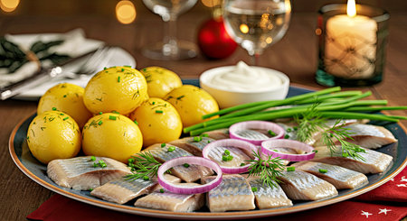 Marinated herring fillets with potatoes, onion and dillの写真素材