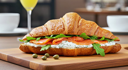 Croissant sandwich with cream cheese, salmon and arugulaの写真素材