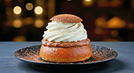 Delicious buns with whipped cream and chocolate on a dark background