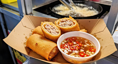 Fried spring rolls with sweet and sour sauce in carton box