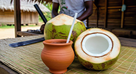 Coconut juice in a clay pot with a straw and a straw.
