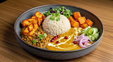 Bowl of lentil curry with chicken and rice on wooden tableの写真素材