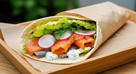 salmon wrap with salad and radish - soft focus effect picture