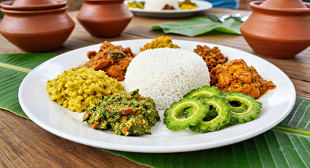 Thai spicy curry with rice on a white plate on wooden tableの写真素材