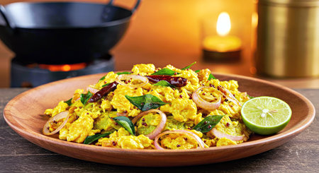 Rice with curry leaves on wooden background. Thai traditional food.