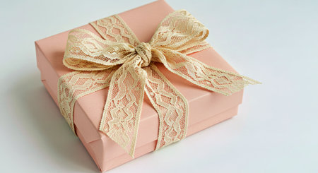 Pink gift box with gold ribbon on white background, close up.