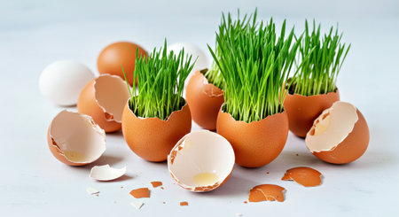 Eggshells with sprouted green grass on a white background