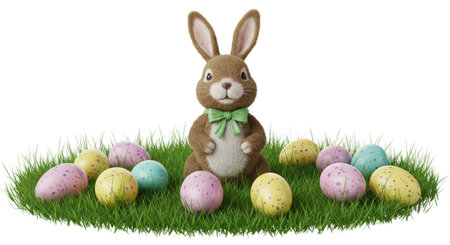 Easter bunny with colorful eggs on green grass isolated on white background