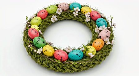 Easter wreath with painted eggs and flowers on a white backgroundの写真素材