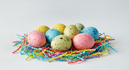 Colorful easter eggs in a nest on a white background.