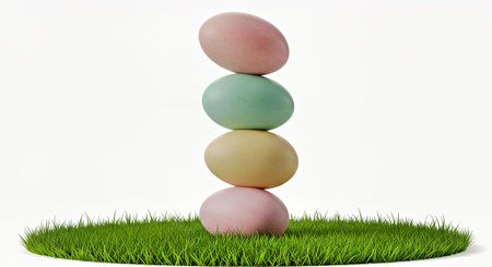 Stack of easter eggs on green grass isolated on white background.の写真素材
