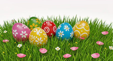 Easter eggs in green grass with flowers and petals on white background
