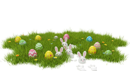 Easter eggs and bunny on green grass isolated on white background.