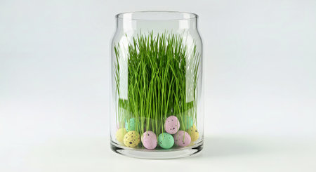Easter eggs in a glass jar with grass. 3d rendering