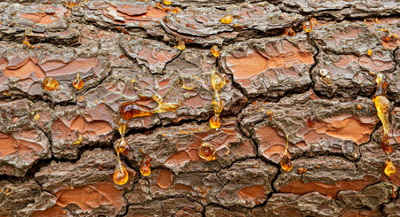 Pine tree bark with a lot of resin on it. Abstract background.