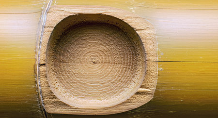 Wooden bowl made of bamboo on a wooden background. Top view.の写真素材