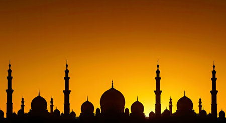 Silhouette of mosque at sunset, Ramadan Kareem background.の写真素材