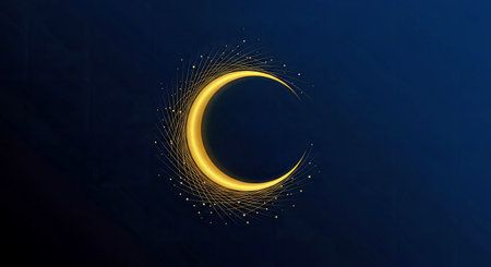 Golden crescent moon on dark blue background with golden lights. Vector illustrationの写真素材