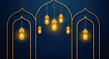 Ramadan Kareem background with arabic lanterns on blue wall