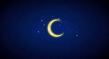 Golden crescent moon and stars on dark blue background. Vector illustration.