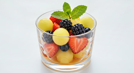 Served in a clear glass cup, this fresh fruit medley combines strawberries, honeydew melon, and blackberries, enhanced by a light, sweet and tart citrus sauce dressing.の写真素材