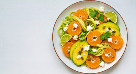 Tangy and refreshing salad mix combining thinly sliced mango, shredded green papaya, and tangerine segments, all coated lightly in a zesty vinaigrette.の写真素材