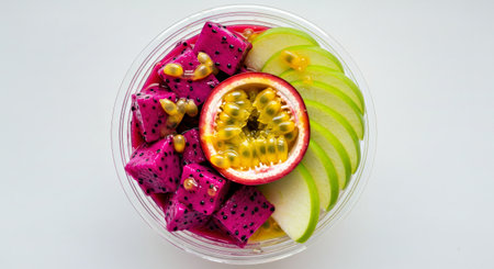 Gourmet presentation in a fruit cup: combines dragon fruit cubes, passionfruit pulp, and green apple slices, finished beautifully with a golden citrus-honey glaze drizzle.の写真素材