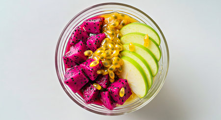 An elegant fruit cup featuring exotic dragon fruit cubes, tangy passionfruit pulp, and crisp sliced green apples, all drizzled with a shimmering golden citrus-honey glaze.の写真素材