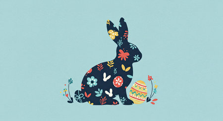 Elegant modern artwork for Easter featuring a rabbit silhouette adorned with subtle Easter...