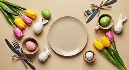 Overhead view of a festive Easter brunch table setting. Includes plates, cutlery, decorated eggs, ceramic bunnies, fresh tulips, and egg holder on pastel beige.の写真素材