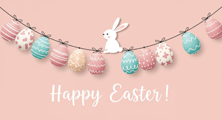 Clean and simple Happy Easter card design featuring a vector illustration of an Easter eggs garland...