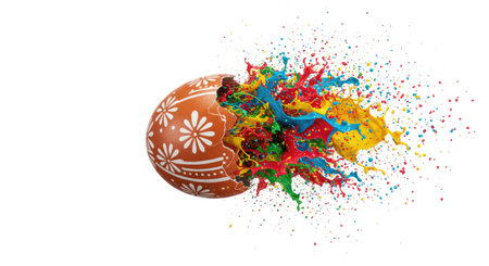 Festive abstract image depicting an Easter egg shape defined by a vivid, colorful burst of paint...