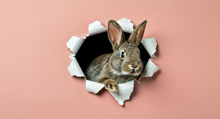 Dynamic Easter poster background showing a rabbit seemingly jumping through a torn hole in a wall surface. Provides significant space for custom text or logos.の写真素材