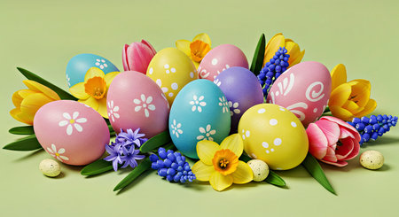 High-quality image showing vibrant, colorful Easter eggs arranged with delicate spring flowers on a...