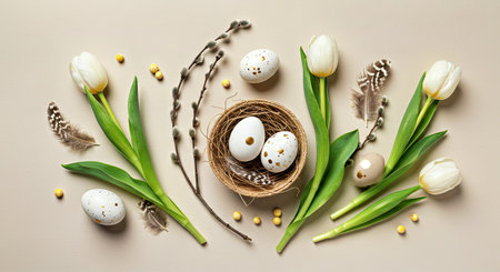 Elegant decorative flat lay celebrating Easter, featuring colorful Easter eggs, fresh white tulips, and vibrant green foliage arranged on a light, neutral background.の写真素材